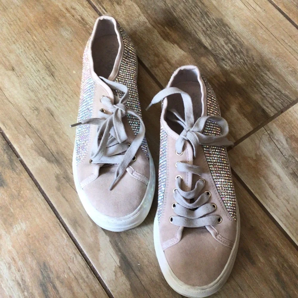 Gianni Bini beige suede and rhinestone Women's Lace-Up Sneakers